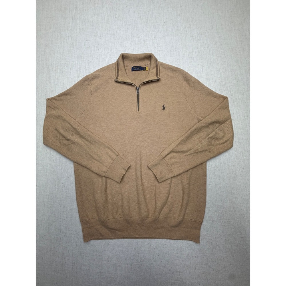 Polo Ralph Lauren Mens LT Tan Pique 1/4 Zip Pullover Sweater Cotton Tall